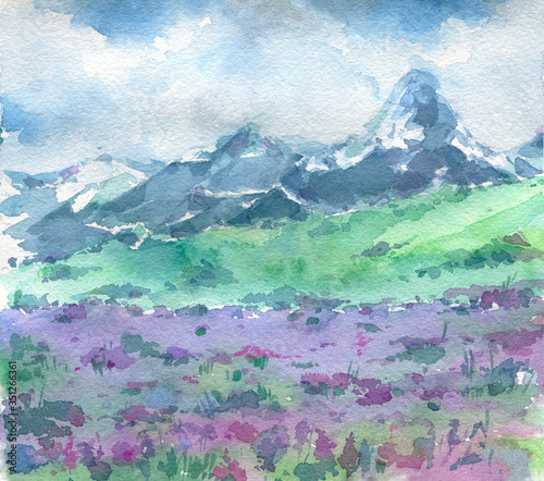 Beautiful landscape with mountains and purple flowers on foreground. Hand painted in watercolor.