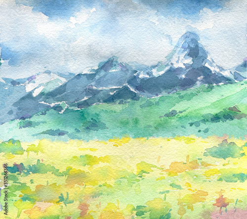 Beautiful landscape with mountains and yellow flowers on foreground. Hand painted in watercolor.