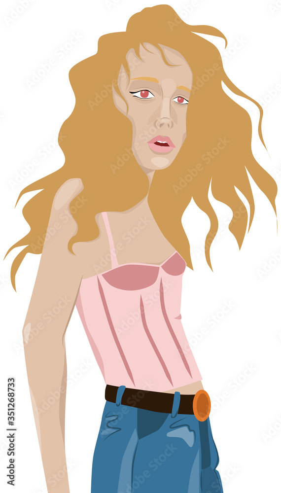 Portrait of a blond haired woman posing. Pink eyes. Pink T-shirt and blue jeans Portrait of a blond haired woman posing. Pink eyes. Pink T-shirt and blue jeans