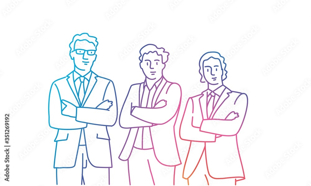Three Businessmen stand with arms crossed. Rainbow colors in linear vector illustration. Three Businessmen stand with arms crossed. Rainbow colors in linear vector illustration.