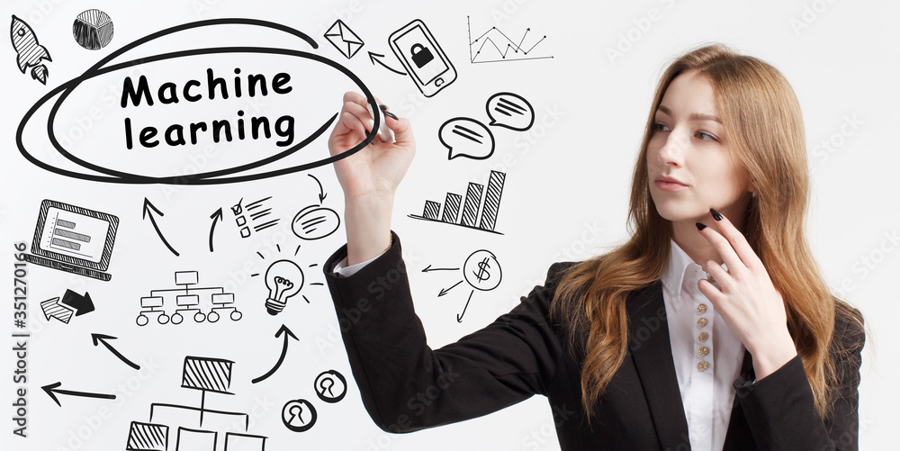 Business, technology, internet and network concept. Young businessman thinks over ideas to become successful: Machine learning Business, technology, internet and network concept. Young businessman thinks over ideas to become successful: Machine learning