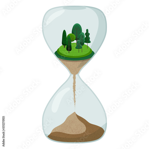Earth Day, Enviroment day, Earth hour, environment damage concept.  Vector flat illustration of hourglass with forest sinking into sand. Concept of climat change, ecological and deforestation problem