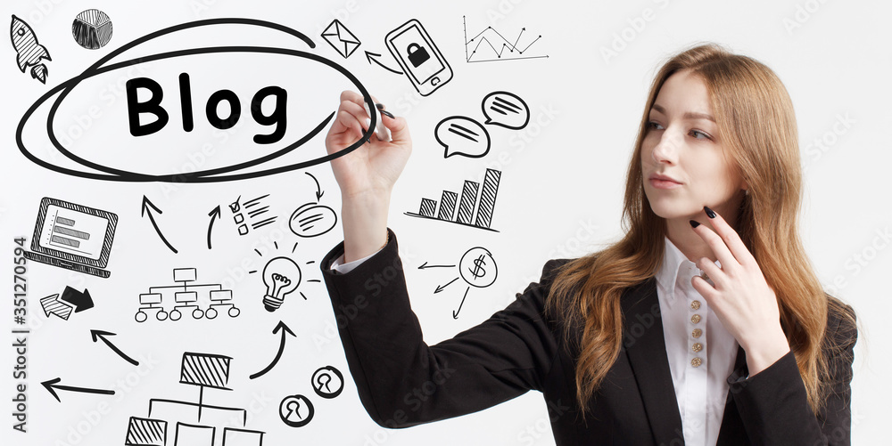 Business, technology, internet and network concept. Young businessman thinks over ideas to become successful: Blog Business, technology, internet and network concept. Young businessman thinks over ideas to become successful: Blog