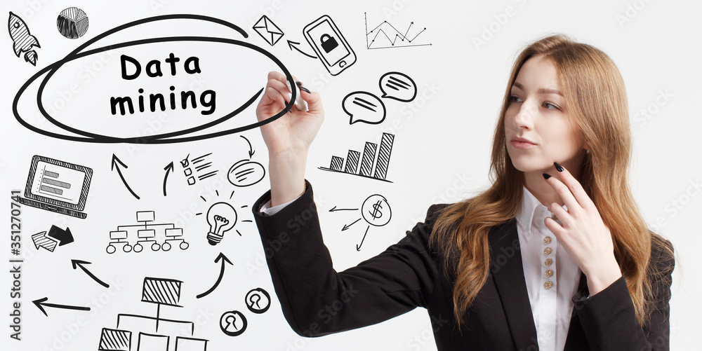 Business, technology, internet and network concept. Young businessman thinks over ideas to become successful: Data mining Business, technology, internet and network concept. Young businessman thinks over ideas to become successful: Data mining