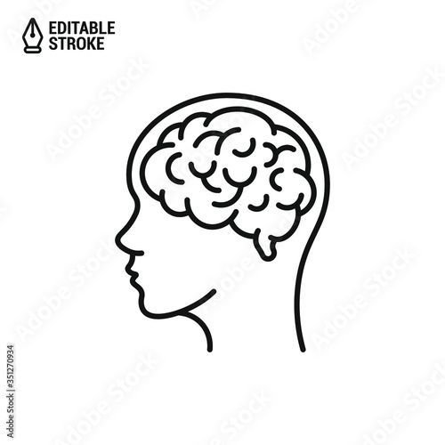 Human Brain in Head. Vector Outline Icon with Editable Strokes isolated on white background