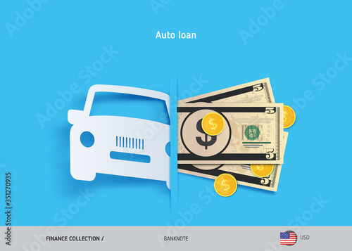 Car loan concept. 5 US Dollar banknotes and gold coins . Flat style vector illustration.