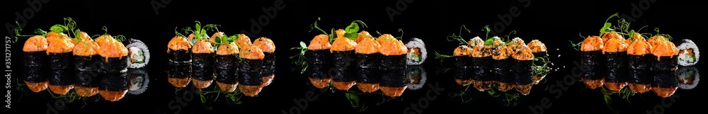sushi rolls collection on black set background sushi rolls collection on black set background