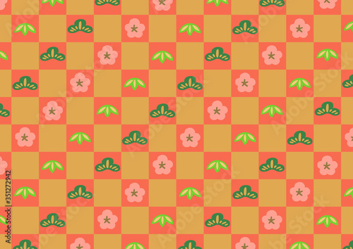 Wallpaper Mural 背景　市松模様に松竹梅　赤　横長 Torontodigital.ca