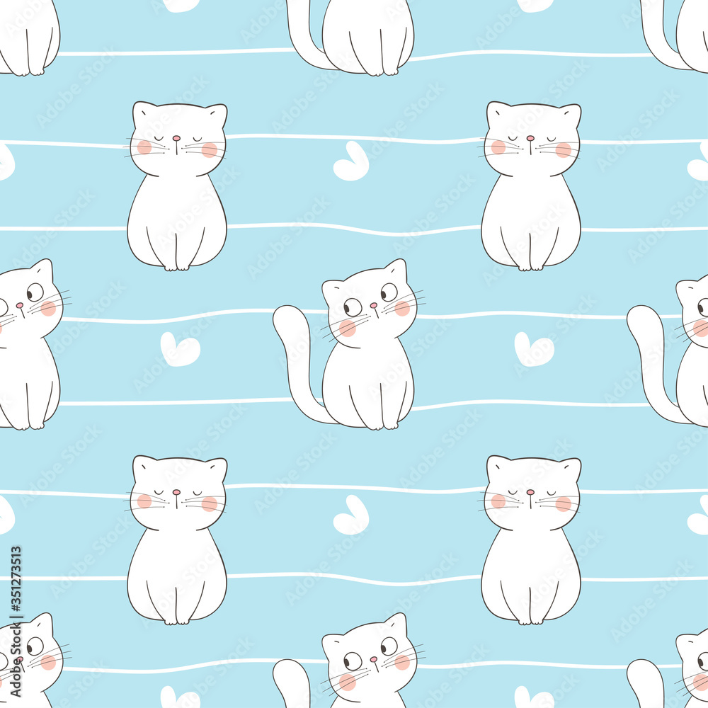 Draw seamless pattern white cat with little heart on blue.