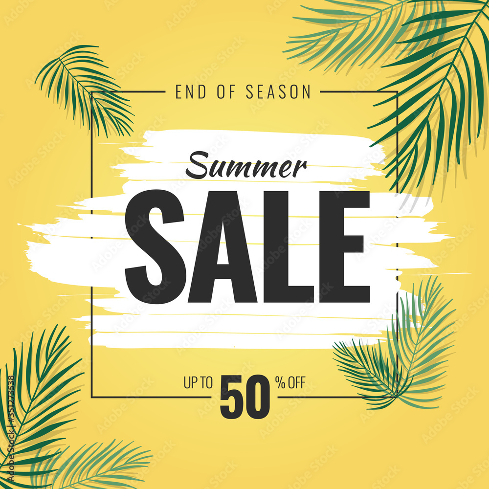 Obraz premium Template of End of Season Summer Sale with Tropical Coconut Leaf