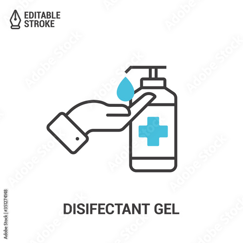 Icon Of Hand Disinfection Using A Sanitizer Gel. Bottle With Sanitizer Isolated On White Background. Concept Of Antibacterial Gel. Outline Vector Icon With Filled Elements And Editable Strokes