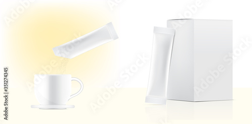 3D Glossy Stick sachet mockup and Pour Powder to Cup of water with paper box isolated on white background. Vector illustration. Food and beverage Packaging concept design.