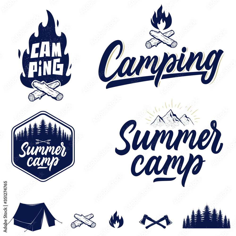 Naklejka Set of handwritten camping and outdoor emblems, logos and badges. Travel and adventure elements.Camping concept illustration.