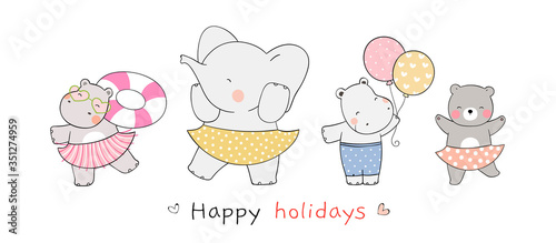 Draw funny animal for summer holiday and party on the beach.