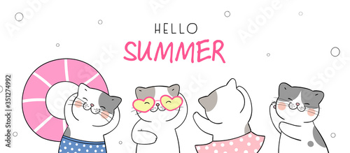 Draw funny cat for summer holiday and party on the beach.