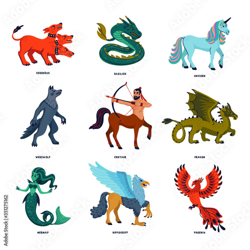 Magical creatures set. Mythological animals. Doodle style black and white vector illustration isolated on white background. Tattoo design or coloring page, Line Art.