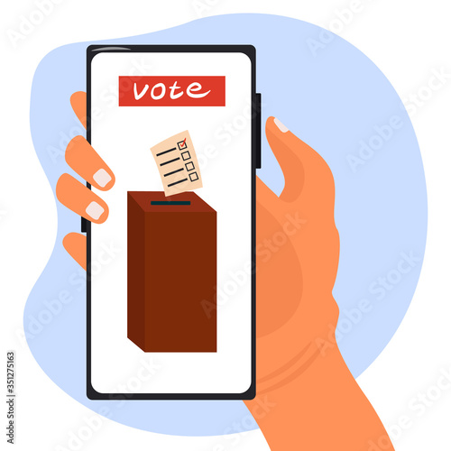 Electronic voting, remote voting through the government services application. Online elections. Vector flat illustration with a smartphone in the hand of a girl who puts her vote in election box 