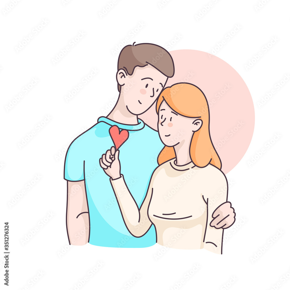 Happy couple characters. Woman holding loving heart in her hand, man hugging her by shoulder. Flat style linear clip art vector illustration. Wedding invitation, Valentine's day card design template.