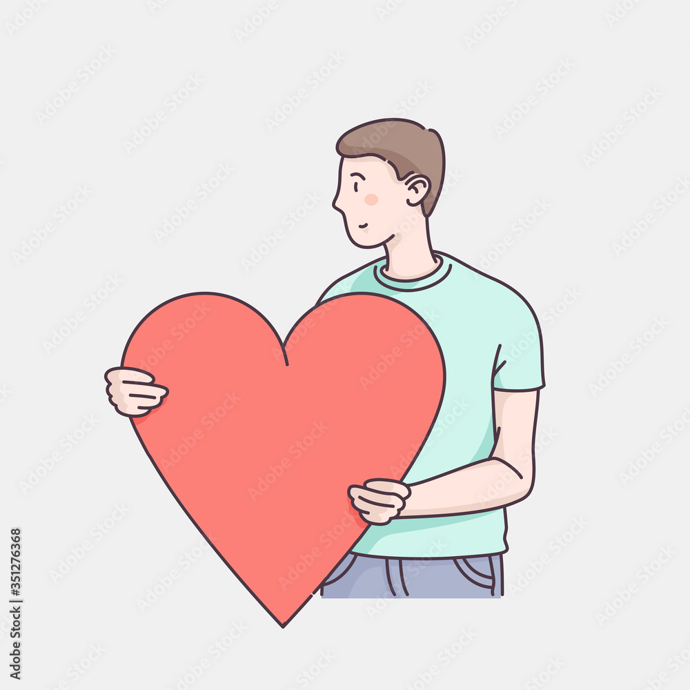 Man character holding big loving heart. Sending love message to beloved one. Hand drawn flat style linear illustrations. Isolated vector on white background. Valentine's day card design template. Man character holding big loving heart. Sending love message to beloved one. Hand drawn flat style linear illustrations. Isolated vector on white background. Valentine's day card design template.