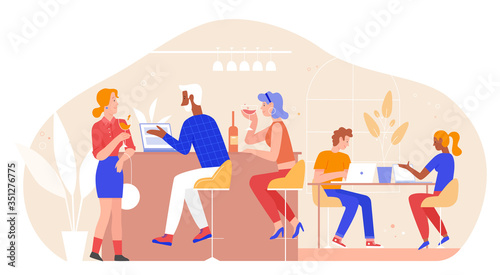 People in bar vector illustration. Cartoon flat adult man woman friend group characters meet in bar or restaurant interior for conversation, drink wine, work on laptop together in friendly meeting