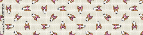 Hand drawn cute bull terrier puppy face with pink bow seamless vector border. Purebred pedigree show dog domestic on background. Dog lover pooch pet all over print. Kennel hound. EPS 10. 