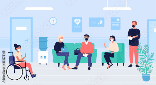 Patients people in doctors waiting room vector illustration. Cartoon flat woman man characters in masks sit and wait for doctoral appointment in hospital hall interior. Medical healthcare background