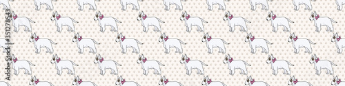 Hand drawn cute bull terrier dog with pink bow seamless vector border. Purebred pedigree show dog puppy domestic on background. Dog lover pooch pet all over print. Kennel hound. EPS 10. 