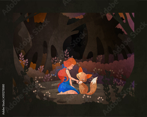 Girl sitting with fox in front of dark magic forest. Fairy tale book cover vector illustration