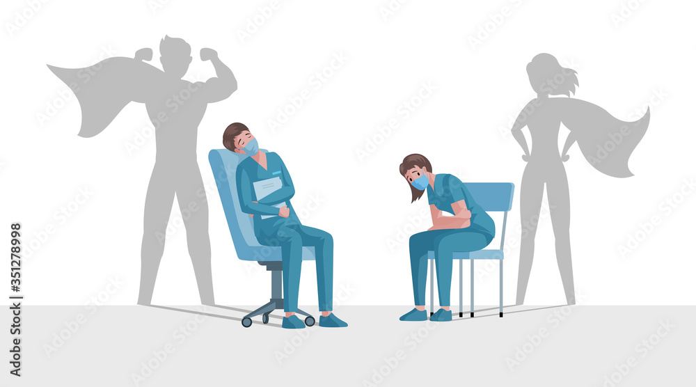 Doctor and nurse with superhero shadows rest during Coronavirus outbreak vector flat cartoon illustration.