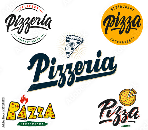 Set of hand-written logos for pizzeria and pizza restaurant.Vector logo,labels and badges.  