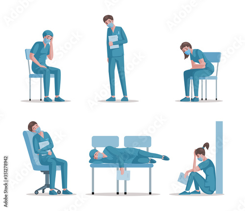 Medical workers rest after work during pandemic of Coronavirus covid-19 vector flat cartoon illustration.