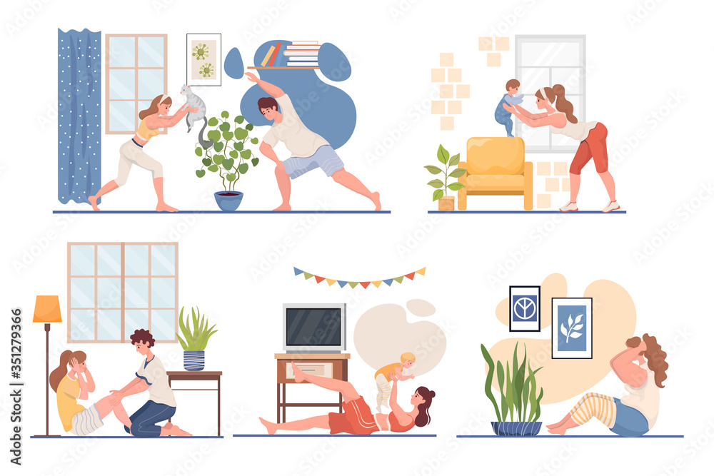 People doing sport at home vector flat illustration. Fitness workout in the living room during coronavirus outbreak.