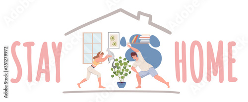 Stay home poster template. Practicing fitness and yoga in quarantine during coronavirus outbreak banner design.