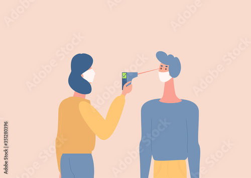 Woman in protective mask holding non-contact infrared thermometer and checking temperature of man.