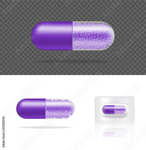 Mock up Realistic Transparent Pill Medicine Capsule Panel on White Background Vector Illustration. Tablets Medical and Health Concept.