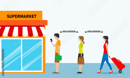 People shopping with safety distance. Social distance prevent covid-19
