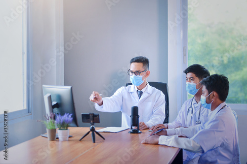 Medical online concept. Doctor meeting with video call and stethoscope in modern office.octor video chatting with elderly patient.doctor giving a consultation online in clinic.