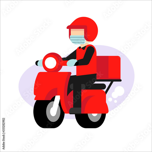 Safe Courier Delivery, Delivery guy on scooter, wearing gloves and mask, Stay home Stay Safe, Quarantine, Safe home delivery, Physical distancing.