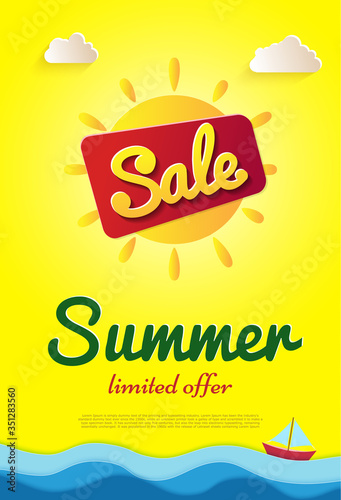 Yellow poster Summer sale limited offer. Big sun. Sunny day on sea and white clouds. Vector illustrations  paper art and digital crafts style.