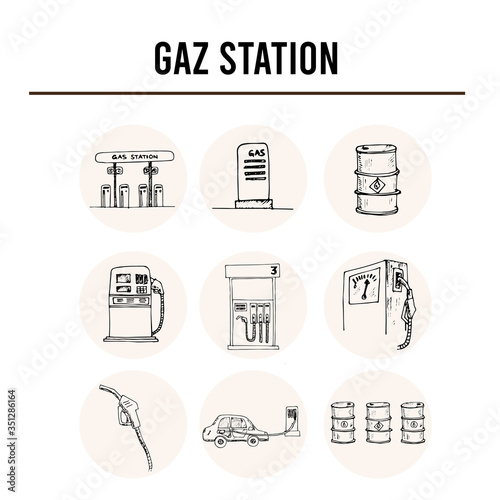 Gas station isolated hand drawn doodles Vector set