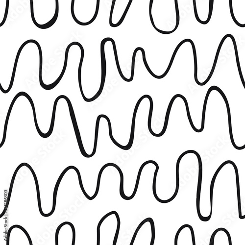 Simple black and white background with curved lines. Seamless graphic pattern. Vector illustration.