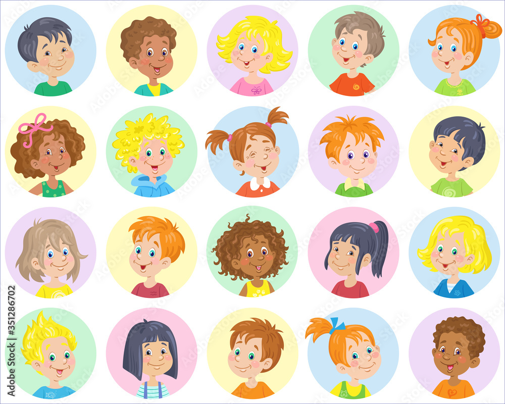 Set of avatar icons of happy children of different nationalities. In cartoon style. Isolated on white background. Vector flat illustration.