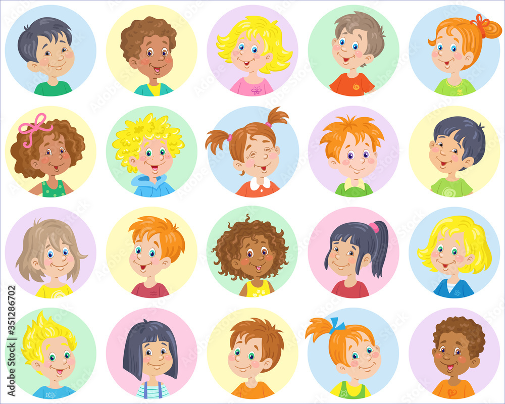 Set of avatar icons of happy children of different nationalities. In cartoon style. Isolated on white background. Vector flat illustration. Set of avatar icons of happy children of different nationalities. In cartoon style. Isolated on white background. Vector flat illustration.