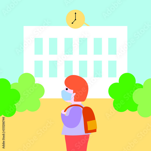 Child wearing a protection mask and going to school. 
His first epidemic experience. For safety reasons.(Covid-19 or coronavirus)
