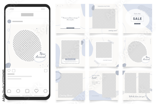 instagram and facebook square frame puzzle poster. social media post banner for fashion sale promotion. abstract blue color background vector illustration
