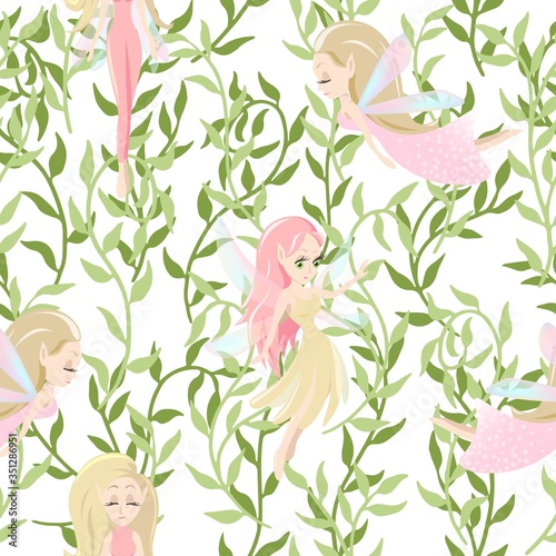 Vector seamless pattern with cute little fairy tale girls, mythical creatures