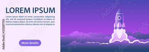 A space rocket takes off in the starry sky. The clouds are lit by a fiery flame. Vector illustration banner with place for text.