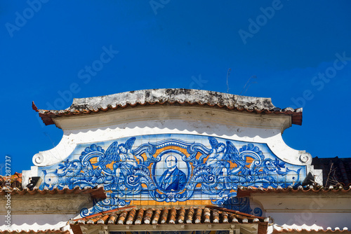 azulejos panels on the facade of the old railways station in Aveiro, Portugal