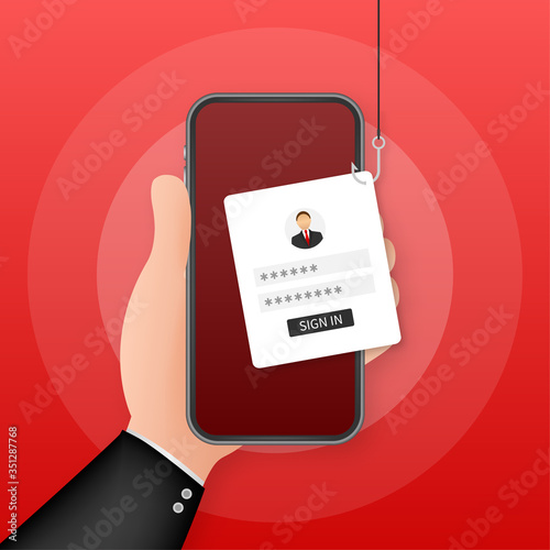 Data Phishing with fishing hook, mobile phone, internet security. Vector stock illustration.