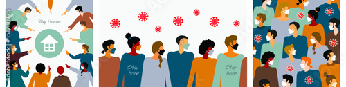 masked people during illness with inscriptions on clothes stay home, seamless pattern,seamless stay home.masked people. masked society. pandemic, set covid, set coronavirus
